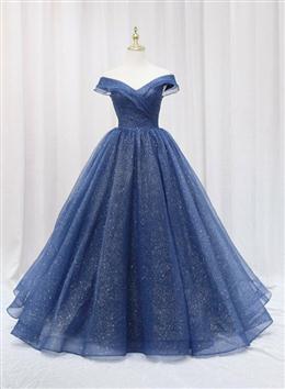 Picture of Navy Blue Off Shoulder Shiny Tulle Floor Length Prom Dresses, Blue Prom Dresses